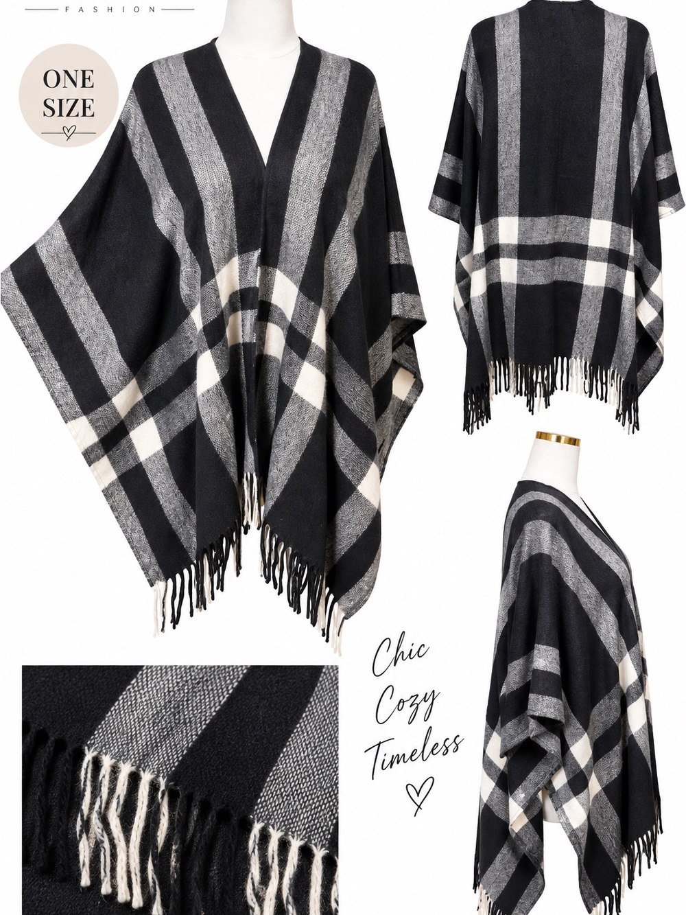 Three Dots Black, Cream & Gray Plaid Fringe Poncho